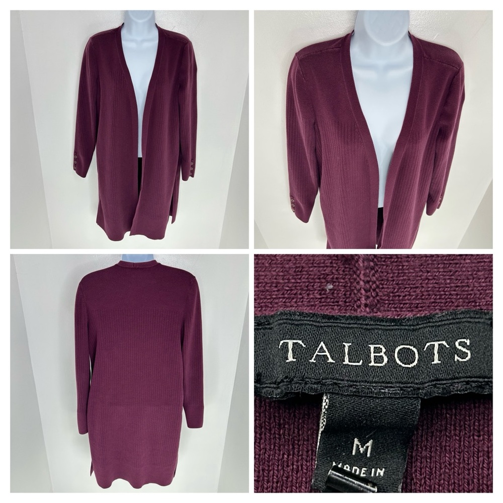 Talbots Long Open‎ Front Duster Cardigan Size Medium Plum Button Sleeve Career